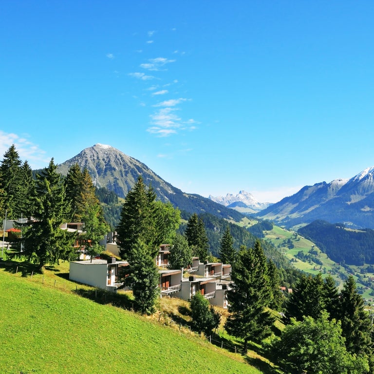 View of Leysin, Switzerland, showing alpine houses nestled among green meadows with mountains in the background