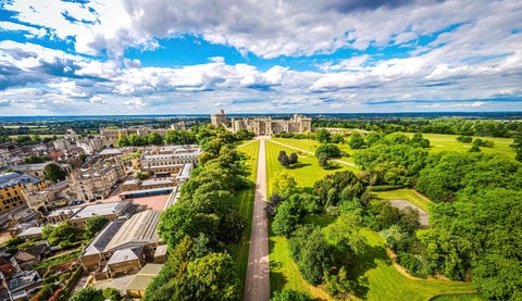Aerial view of Windsor Castle, a royal residence in Windsor, Berkshire, England, showcasing its medieval architecture and surrounding grounds