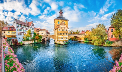 Altes Rathaus (Old Town Hall) on the Obere Brücke (Upper Bridge) which spans the Regnitz River in Bamberg, Germany