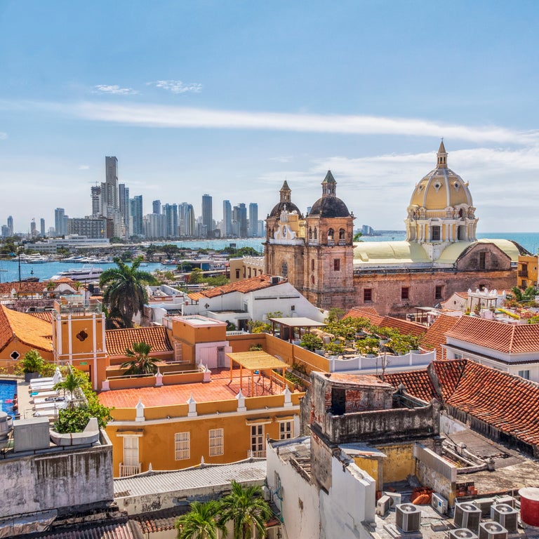 View of the St. Peter Claver church and the old town in Cartagena, Colombia