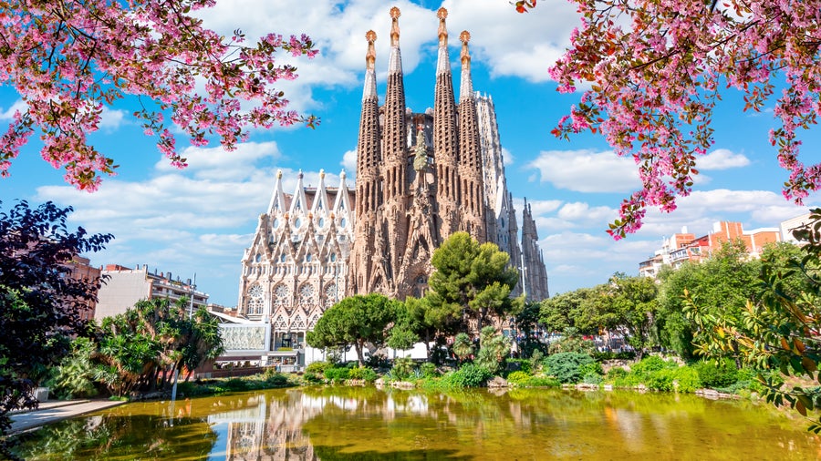 Sagrada Familia Cathedral in Barcelona, Spain, surrounded by springtime greenery and blooming flowers under a clear sky