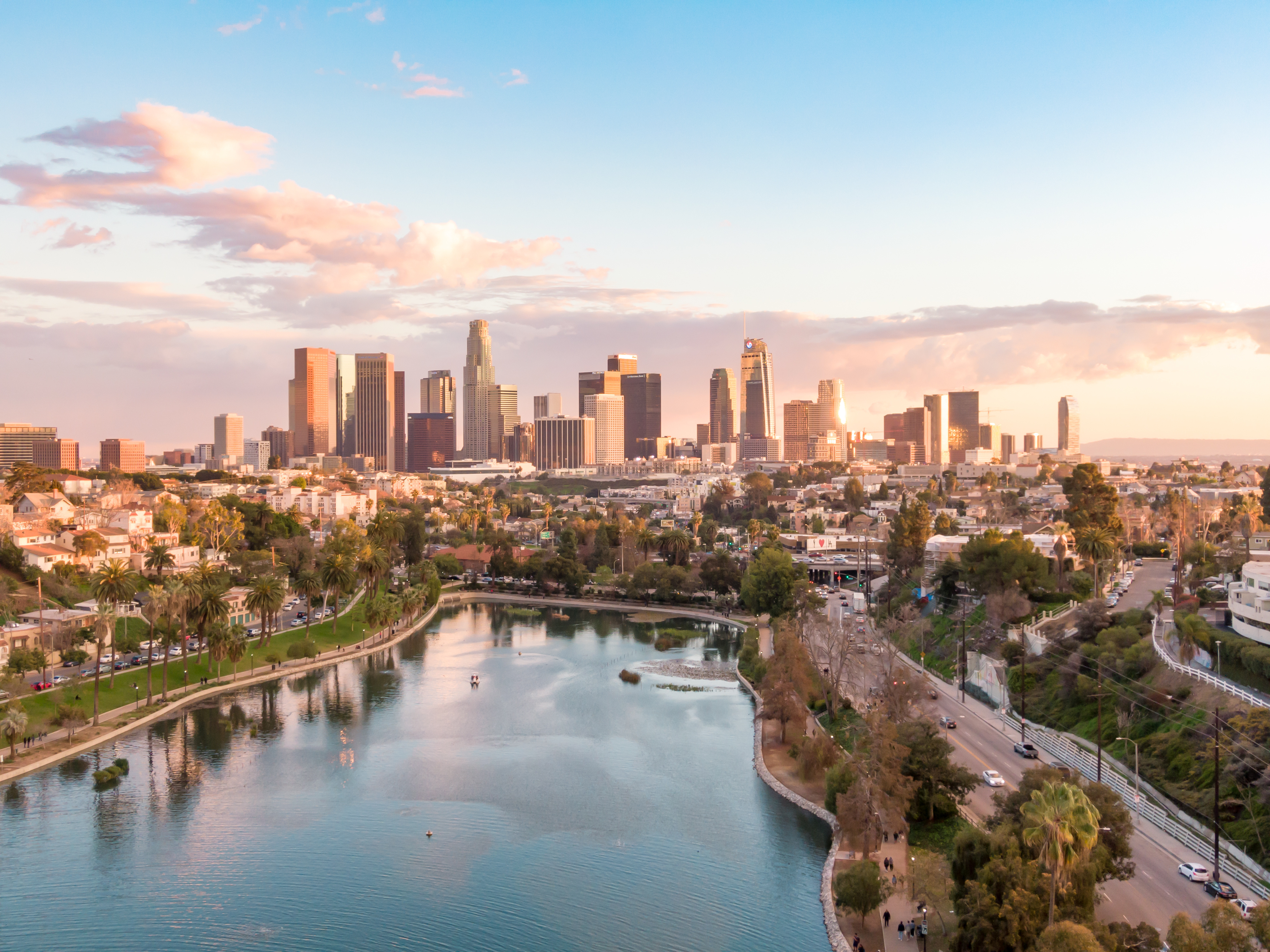 Aerial view of downtown Los Angeles California with skyscrapers and vibrant city skyline under sunny sky