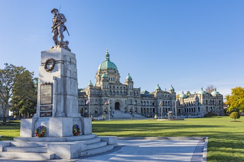 Historic Statue with Building in Victoria, British Columbia, Canada