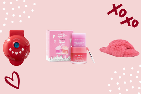 mini heart shaped waffle maker, skincare set, and fuzzy slippers