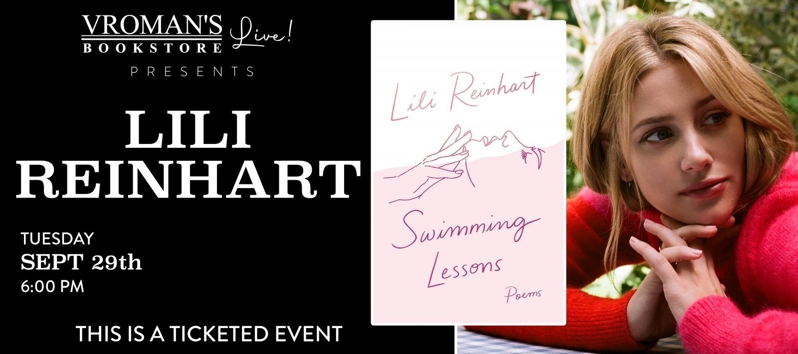 Graphic of Lili Reinhart in conversation with Lang Leav event, by Vroman\'s Bookstore