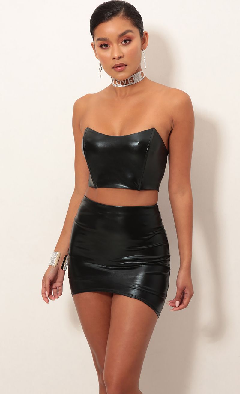 Black faux leather skirt set