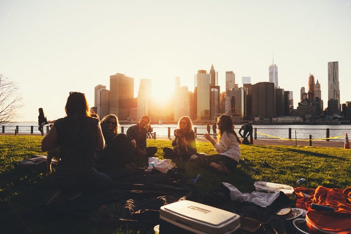 people sitting on grass in front of a city skyline