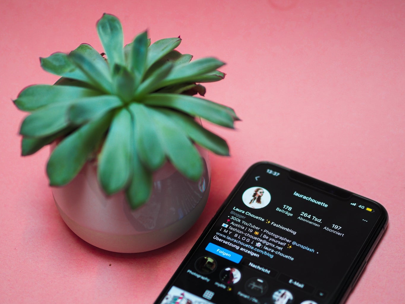 An iphone (in the screen you can see the app of instagram open) next to a plant