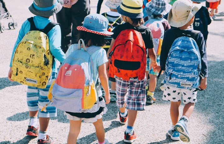 children walking with backpacks on