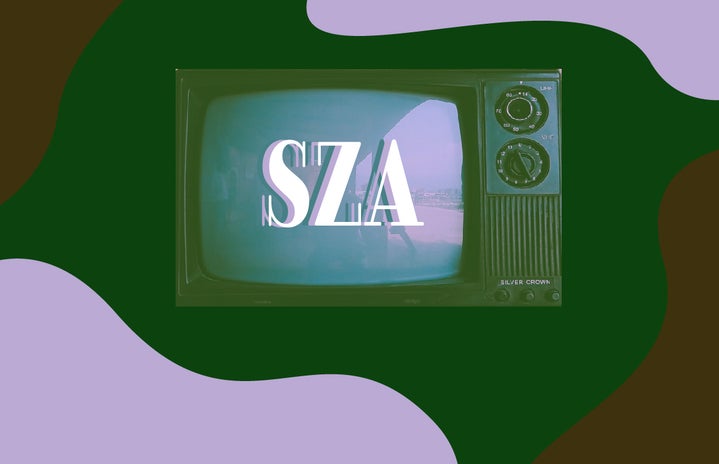 Unsplash image of TV screen with the letters SZA on it with green, brown, and pink.