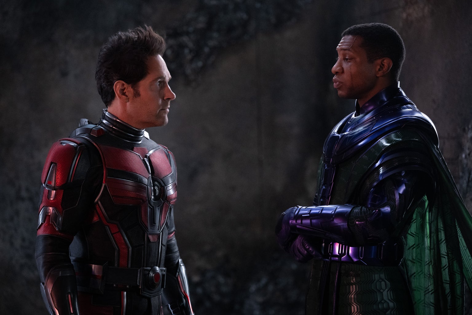 paul rudd as antman and jonathan majors as kang the conquerer in antman and the wasp: quantumania