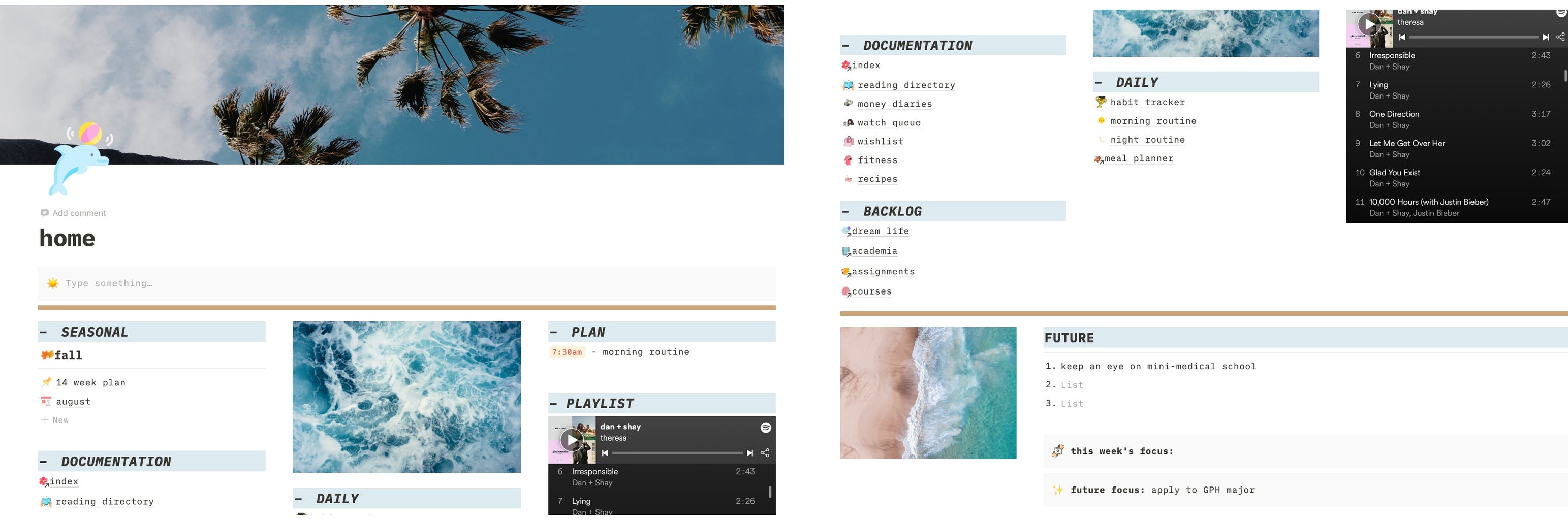 Photos of my personal Notion page taken using the screenshot feature on my latpop