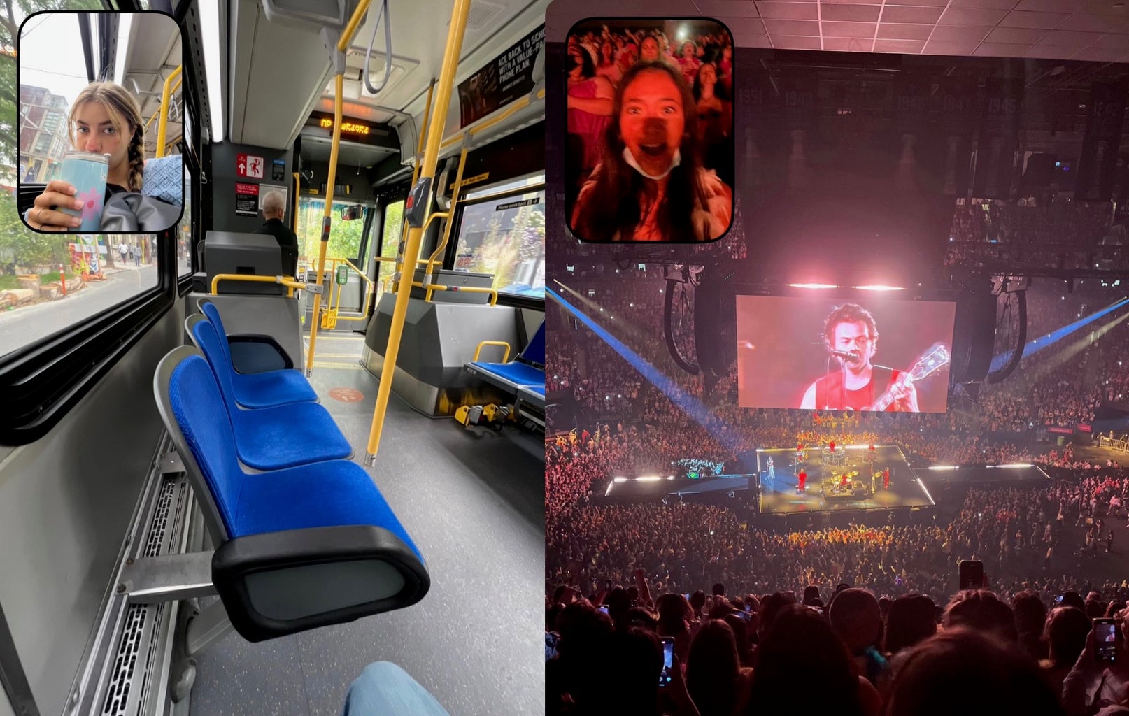 Two BeReal photos, one of someone on a bus and the other of someone at a Harry Styles concert.