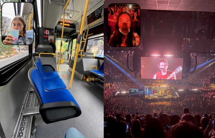 Two BeReal photos, one of someone on a bus and the other of someone at a Harry Styles concert.
