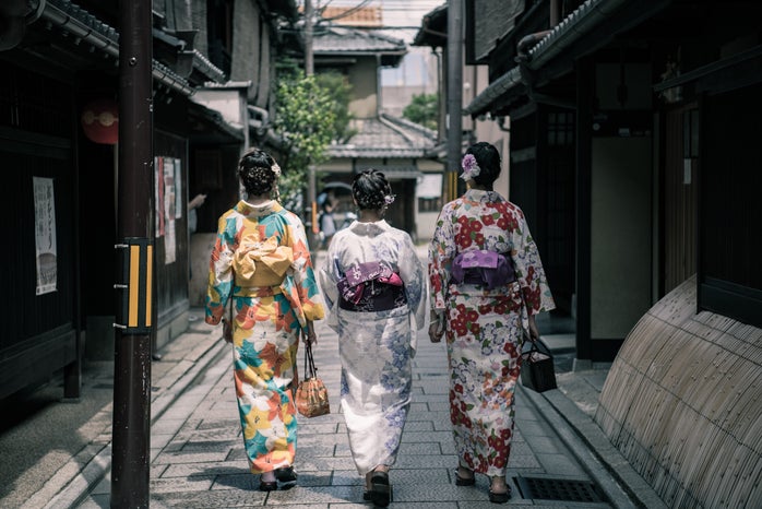 Girls walking with kimono