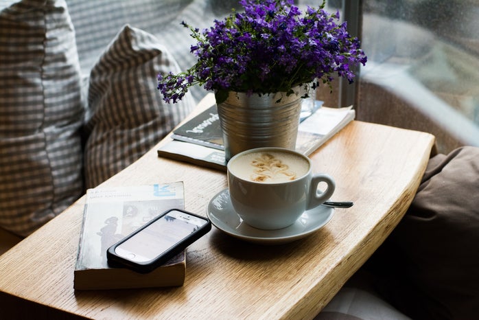 coffee, flower, phone, book, table