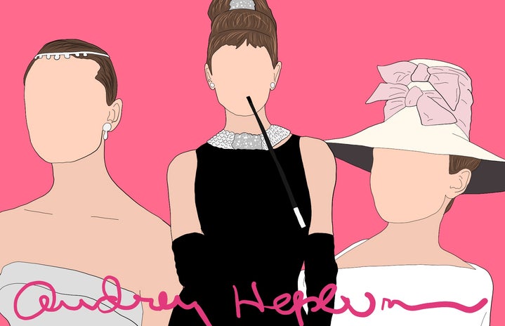 Drawing that I did of three different photos of Audrey Hepburn in front of a pink background and her signature in front of them