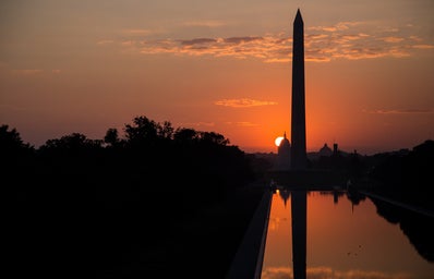 silhouette of the Washington Monument at sunset