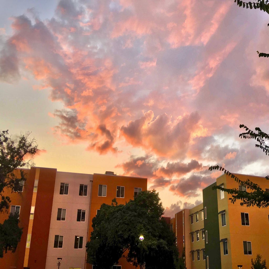 The Tercero Residence at UC Davis with a sunset