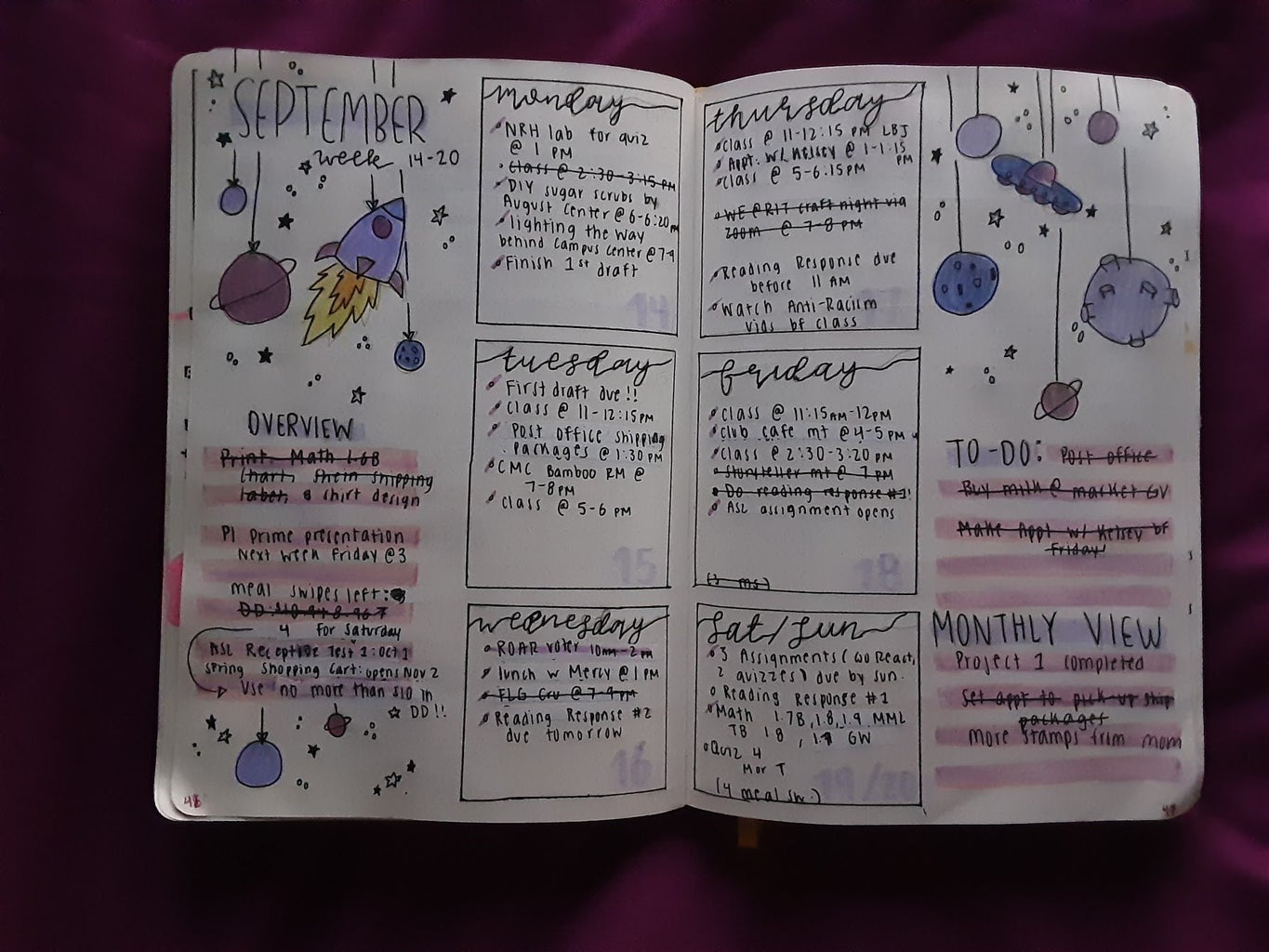 Bullet journal spread of weekly spread in September with spaceship theme.