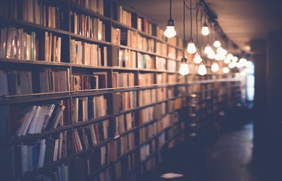 books on shelves with hanging lights