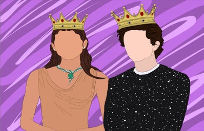 Illustration of Timothee Chalamet and Zendaya with crowns on their heads in front of a purple swirly background