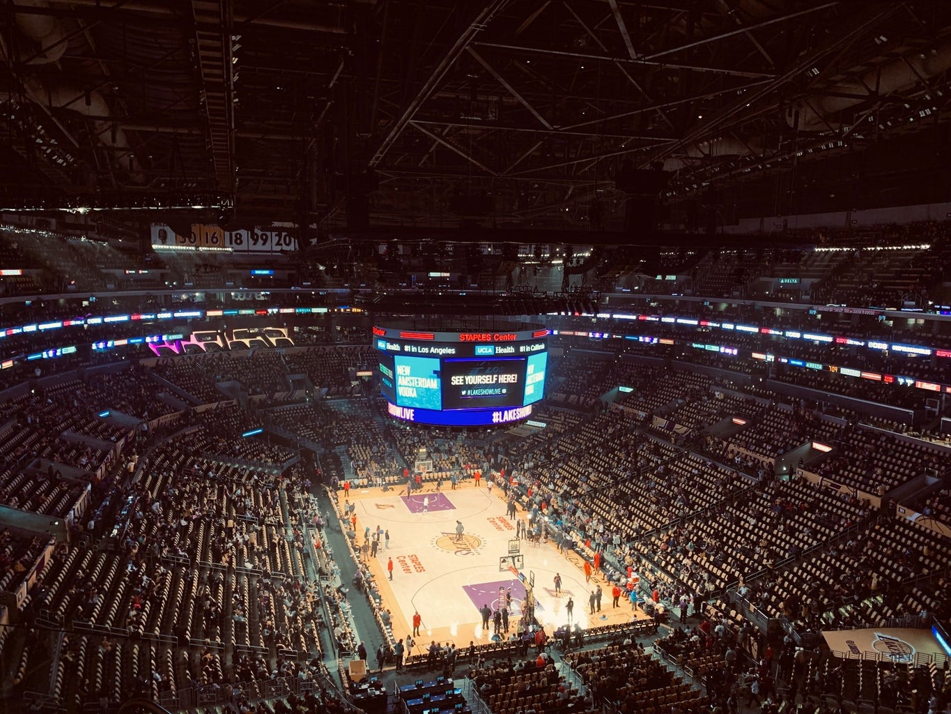 top view of the Lakers basketball court during a game.