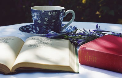 coffee cup with two book and blue flowers