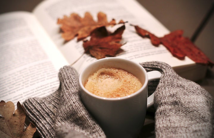 A coffee mug, leaves, and a book