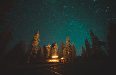 Cabin and trees under a starry night sky