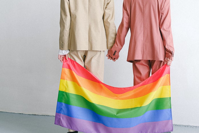 queer couple holding hands and pride flag