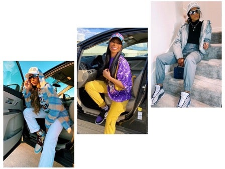 collage of 3 photos of woman showcasing streetwear in car and on stairs