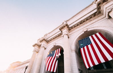 American flags hanging at Union station in Washington DC