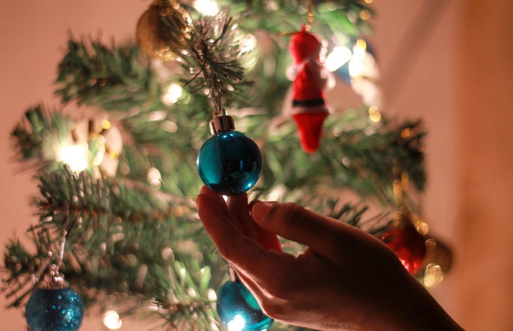 blue bauble ornament on christmas tree