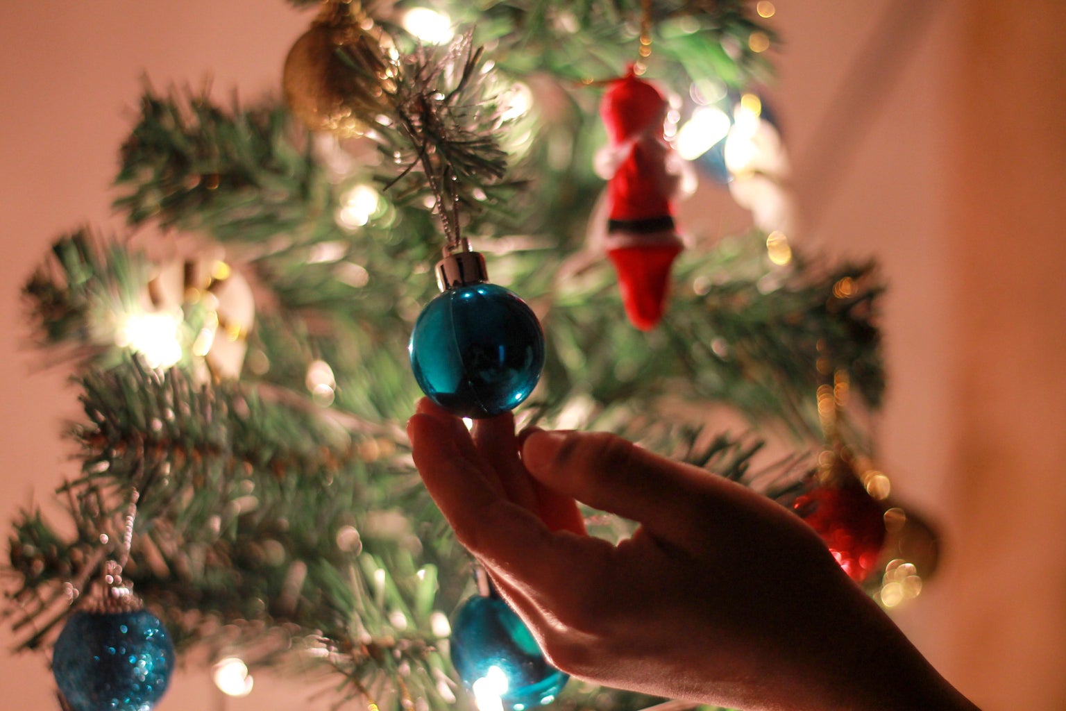 blue bauble ornament on christmas tree