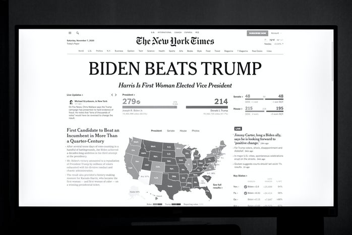 newspaper cover announcing Biden's win