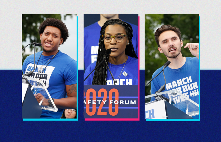 trevon bosley, ariel hobbs, and david hogg speaking at a march for our lives event