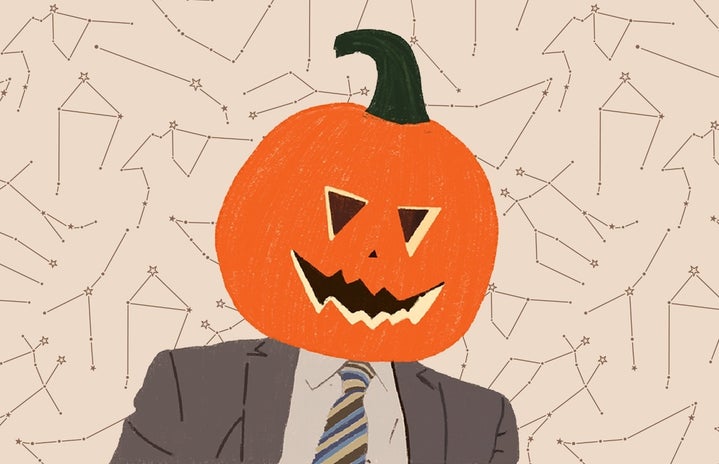Drawing of Dwight Schurte with a pumpkin on his head in front of zodiac constellations