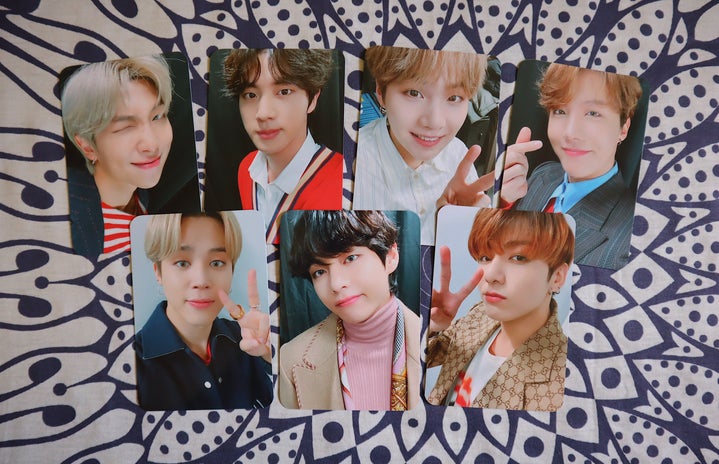 BTS photocards on printed background