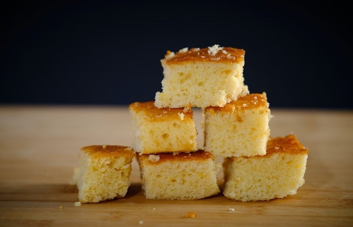 pyramid stack of corn bread squares on table