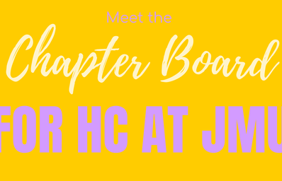 Meet the chapter board for HC at JMU yellow and purple graphic