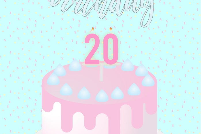 a birthday cake with candles that read \'20\' and a happy birthday banner in the back