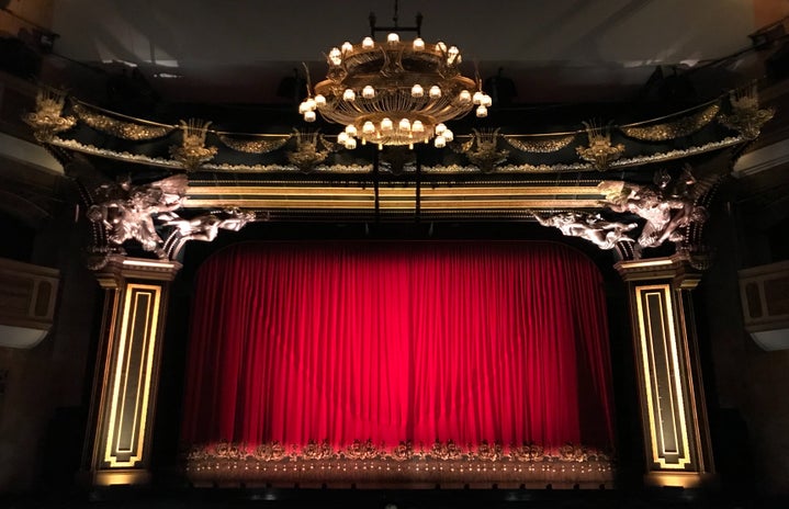 Red curtains closed on a stage