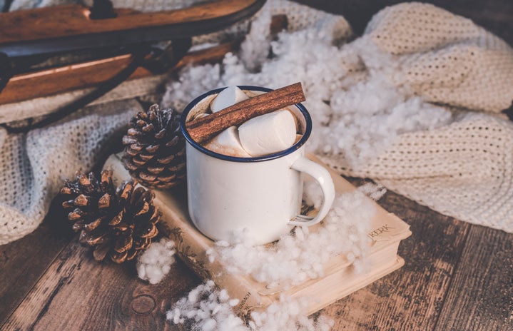 White ceramic mug with hot chocolate surrounded by Christmas-themed decorations