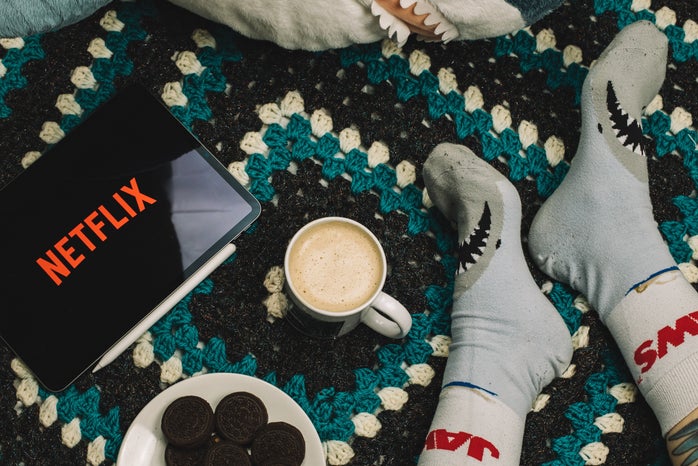 Screen with Netflix Logo, plate of cookies, coco, and shark Socks