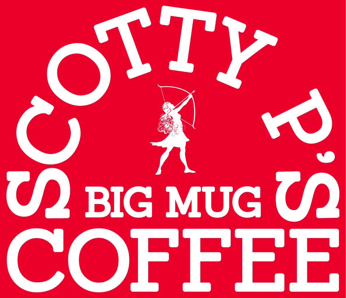 Red and white logo with the words \"Scotty P\'s Mug Mug Coffee\" written in big white letters with a female playing archery in the middle