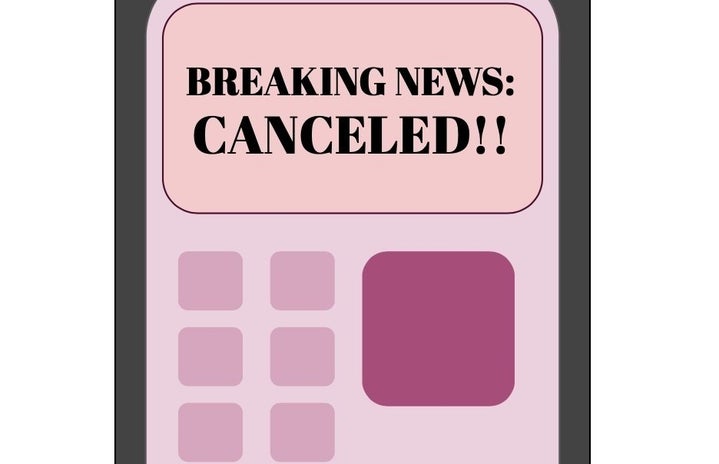 Phone with alert banner stating :BREAKING NEWS: CANCELED\" in bold font