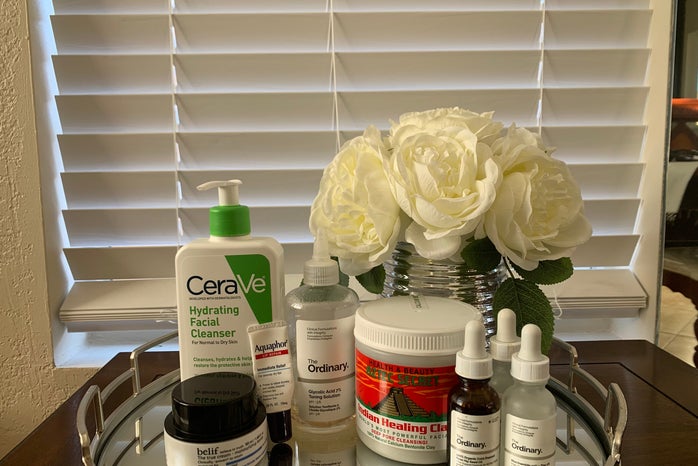 Multiple skincare products lined up together