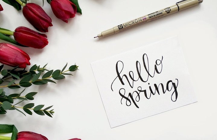 “Hello Spring” sign with pen and roses