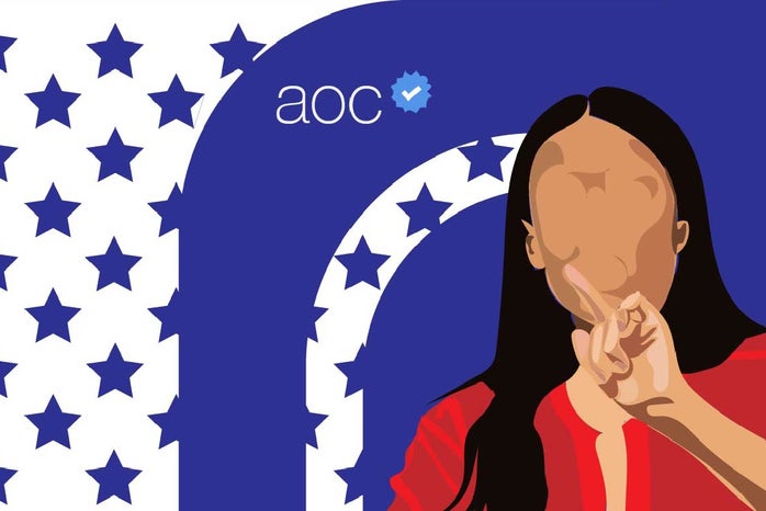 Illustration of AOC on blue background with stars, Instagram handle reading \"doc\" with blue verified checkmark